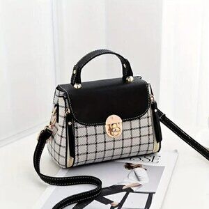 Plaid Pattern Handbag, Women's Buckle Decor Flap Purse, Fashion PU Leather Cross